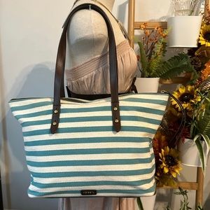 Fossil Jenna Tote - Teal & White Striped Canvas w/ Brown Leather Straps